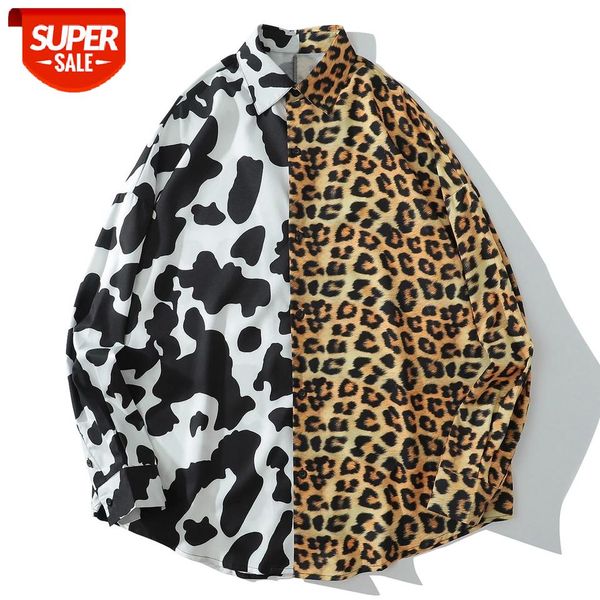 

Hip Hop Leopard Cow Print Patchwork Long Sleeve Hawaiian Shirt Autumn Harajuku Streetwear Shirt Men Women Cotton Loose Top #Vt5v, White;black