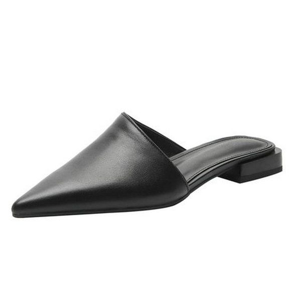 

slippers women mules genuine leather thick low heels pumps for poined toe female casual party shoes, Black