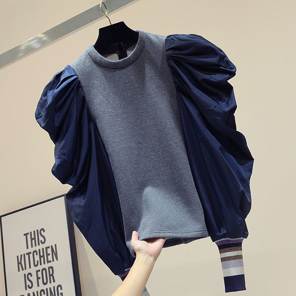

hit color patchwork korean sweatshirt for women o neck puff sleeve casual sweatshirts female fashion new clothes, Black