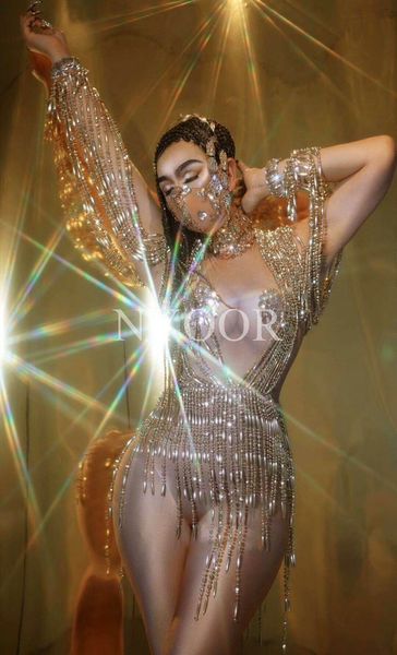 

shining beaded chain bodysuit rhinestone nude performance stage dance costume luxurious party celebrate birthday outfit, Black;red