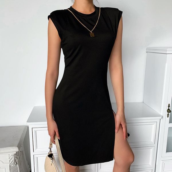 

women split sleeveless dress o neck solid knee legth summer elegant party casual dress 2021 fashion office lady dresses, Black;gray
