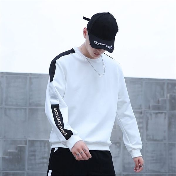 

men's sweatshirt hip hop brand fashion patchwork o-neck long sleevesblouse hoodie male black white loose casual sweatshirts lj200826
