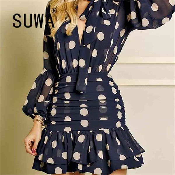 

women dresses arrival recommend korean style long sleeve classic dot printed ruffles pleated elegant 210525, Black;gray
