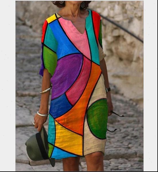 

2021 new women printing dress summer v neck half sleeve a line dresses female retro litera vintage loose dress vestidos, Black;gray