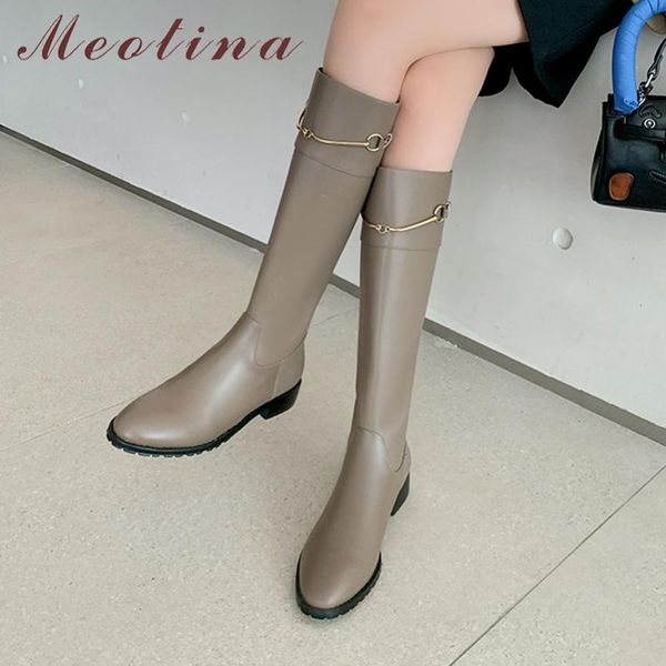 

boots meotina women genuine leather riding thick med heel ladies zipper metal decoration knee high autumn winter 40, Black