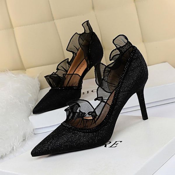 

dress shoes banquet show thin stiletto heel woman shoe shallow mouth pointed side hollow out rhinestone lace wedding, Black