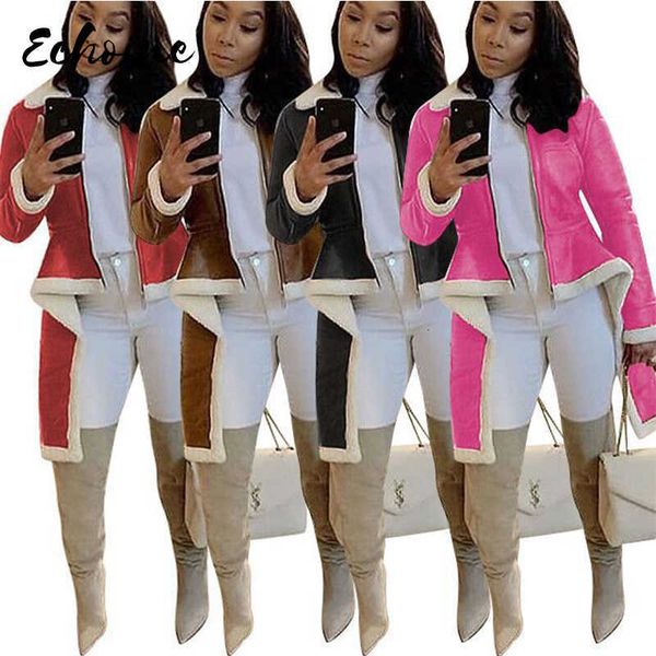 

women winter casual coats faux leather female fashion turn-down collar full sleeve woolen irregular plus size s-4xl coats 201016, Black