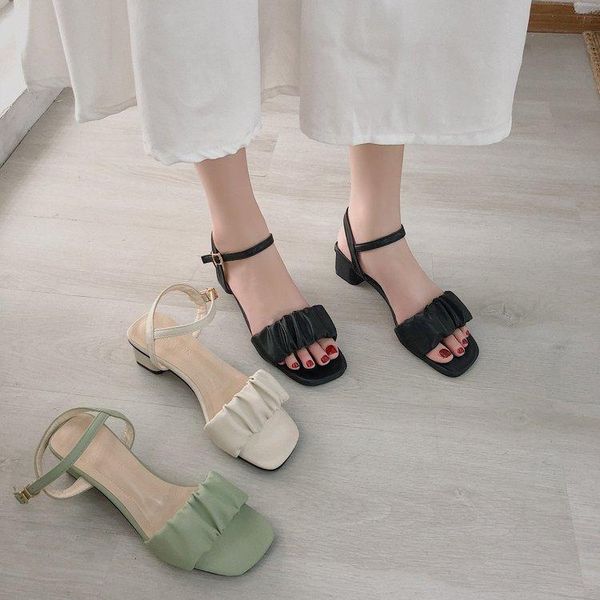

sandals fashion womens 2021 summer korean pleated ankle buckle high heels simple square heel shoes, Black