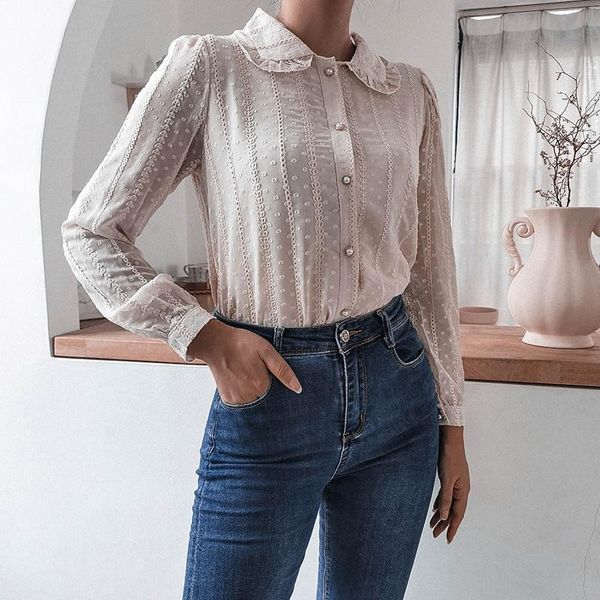 

women's blouses & shirts 2021 fall winter doll collar long sleeve casual lace shirt for ladies fashion single breasted solid color chic, White