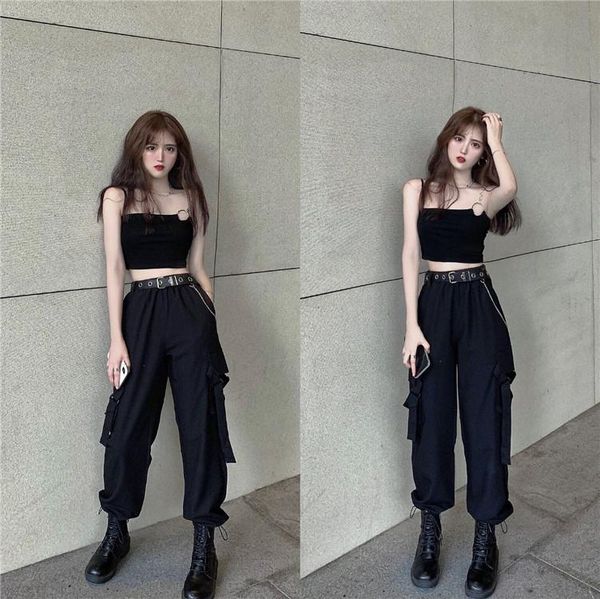 

black sports pants, overalls, women's versatile, cool and cool summer leggings, high waist, loose and thin casual pants, Black;white