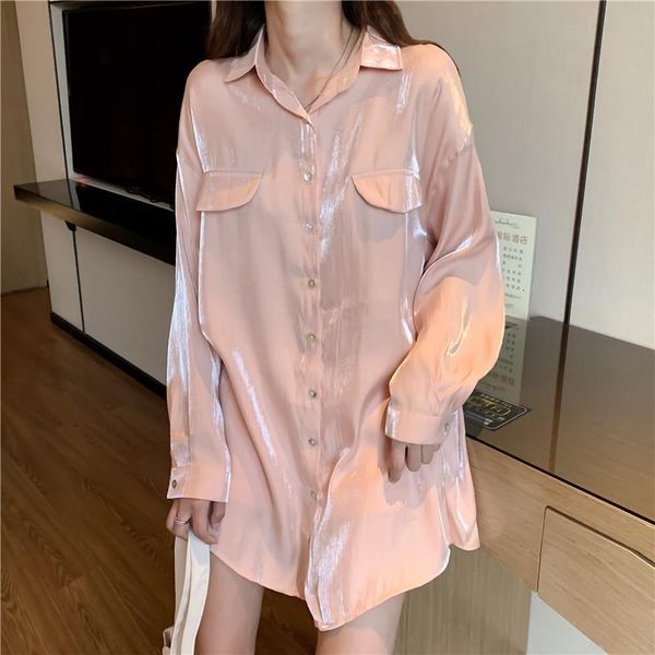 

spring autumn girls vintage reflecting chiffon blouses shirt women long sleeve pink and white shirts for female dx3896