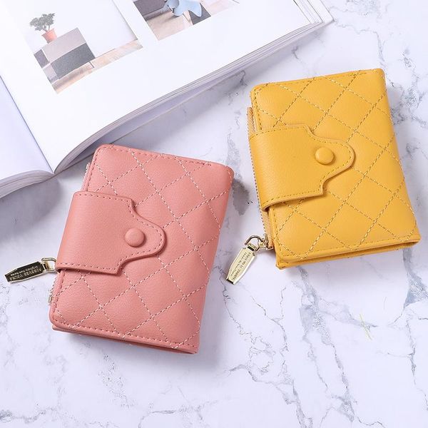 

purse korean wallet women's short two fold solid color simple rhombic zipper student multi card high grade zero, White