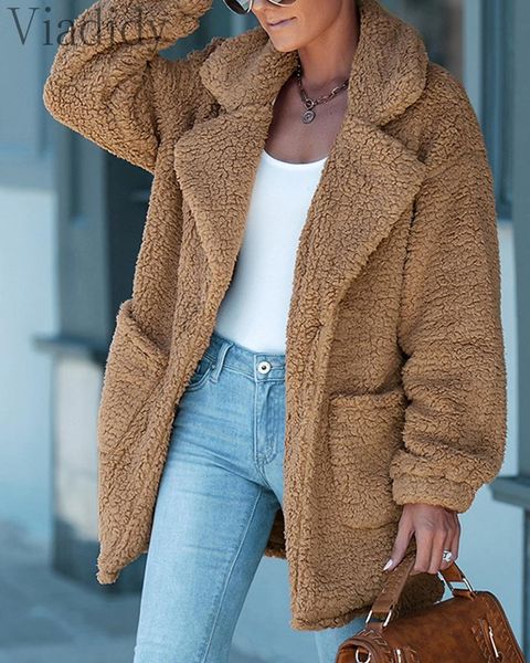 

women's trench coats women casual turn down collar long sleeve pocket design warm furry coat, Tan;black