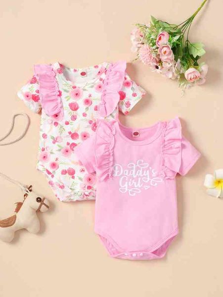 

baby 2pcs floral and letter graphic ruffle trim bodysuit she, Blue