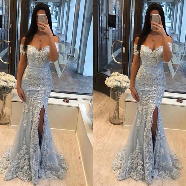 

gorgeous light blue prom dresses 2021 off the shoulder lace applique mermaid side slit floor length custom made evening party gowns vestidos, Black