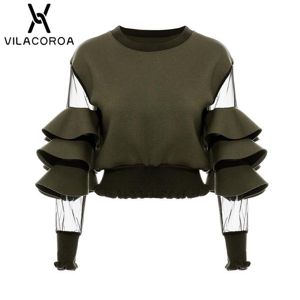 

women's hoodies & sweatshirts high street round neck women pullovers mesh see-through splice ruffled-sleeve sweatshirt female casual ti, Black