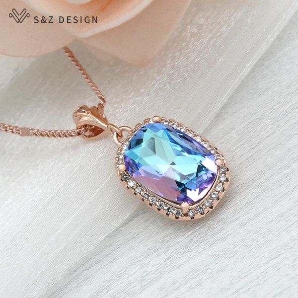 

pendant necklaces s&z design trendy luxury elegant cubic zirconia square crystal rose gold necklace for women wedding fashion jewelry, Silver