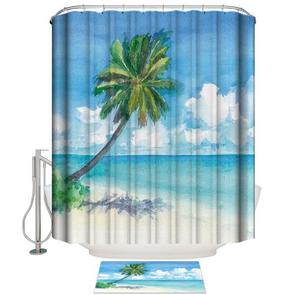 

shower curtains hand painted tropical plants palm trees beach home bathroom decoration curtain doormat set