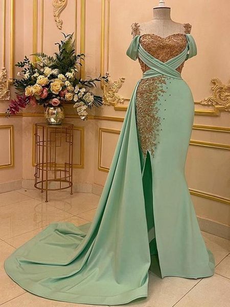 Plus Size Árabe Aso Ebi Lace Frisado Sereia Vestidos De Prom Vestidos De Menta Verde Espaguete Cetim Noite Formal Partido Segundo Recepção Vestidos de Promoção Vestidos