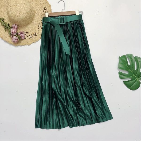 

women skirts belt pleated skirts silk midi skirt high waist long skirts satin sashes mid calf office lady korean style, Black