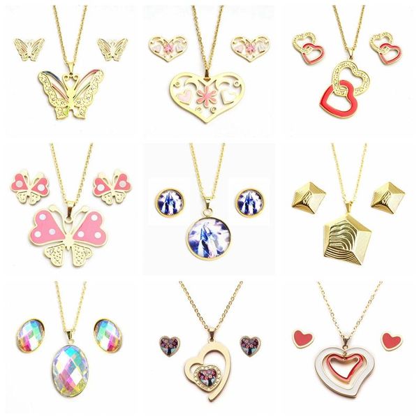 

earrings & necklace yunkingdom heart butterfly stainless steel jewelry sets for women stud necklaces set random 15 sets/lot wholesale, Silver