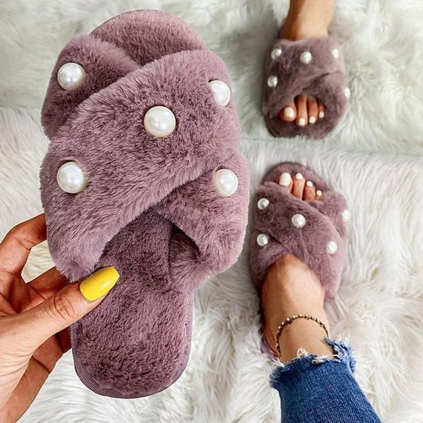 

slippers women winter home fur female plush shoes ladies elegent pearl flats slides indoor fluffy plus size, Black