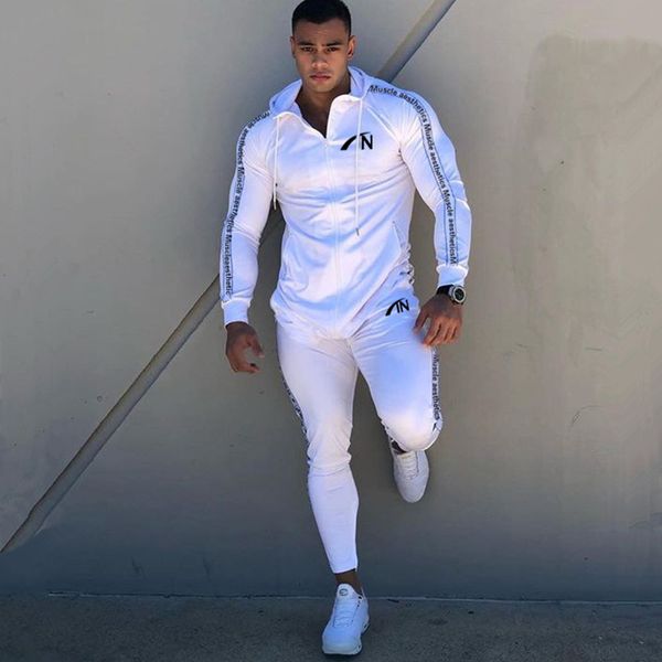 

2021 new casual sportswear suit gym fitness tracksuit hoodies pants set men fashion zipper sweatshirt male cotton joggers sweatpants coat sx, Gray