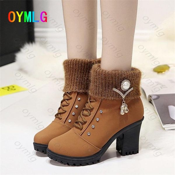 

boots 2021 autumn winter women's thick heel european and american tide lace-up rhinestone hair shoes short, Black
