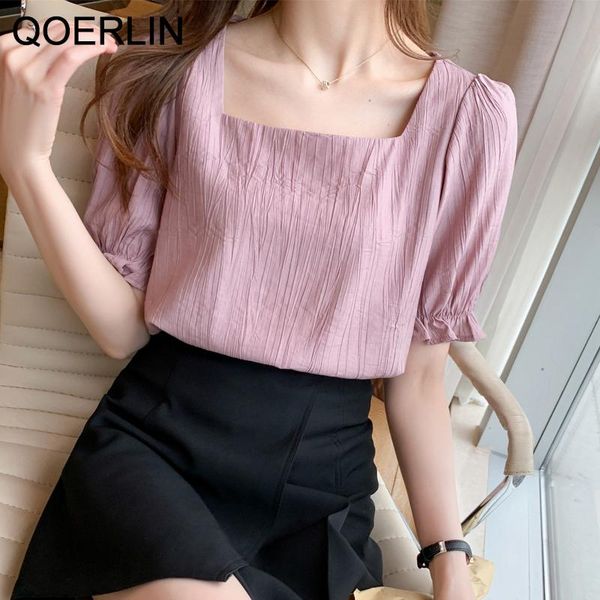 

women's blouses & shirts qoerlin woman pink shirt women puff sleeve summer 2021 office blouse female square collar chic white chiffon s