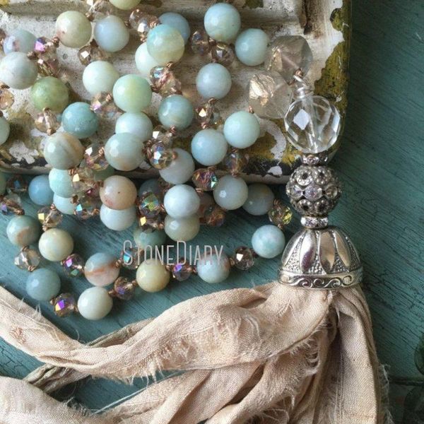 

pendant necklaces nm15524 amazonite blue stone shabby boho chic beachy hand knotted crystal sari silk tassel copper necklace, Silver