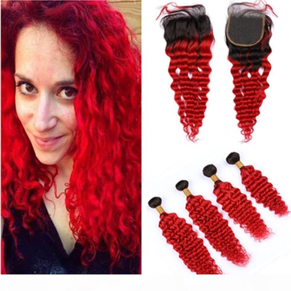 

#1b red ombre human hair bundles and closure peruvian deep wave bright red ombre human hair weaves virgin hair extensions with closure, Black;brown