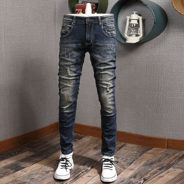 

2021 new italian fashion men jeans retro vintage designer slim fit hip hop ripped trousers streetwear spliced biker pants lmtu, Blue
