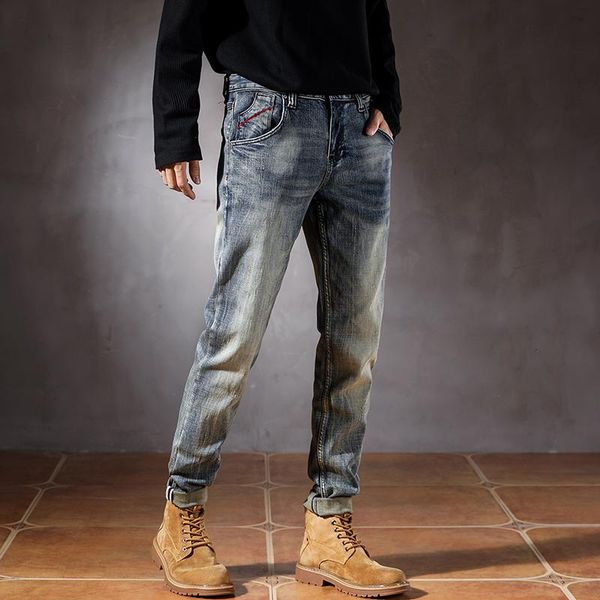 

men's jeans blue slim straight stretch spring and autumn original brand male denim pants streetwear full length trousers