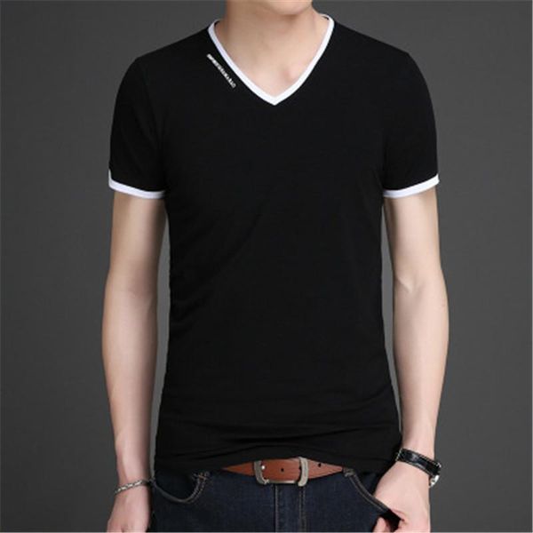 

mens casual t-shirt fashion korean trend v neck loose casual tees clothing male summer new teenager solid color short sleeve t-shirt, White;black