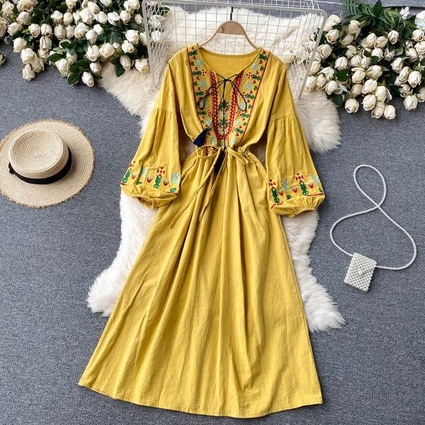 

casual dresses deat 2021 spring summer fashion embroidery high waist o neck puff sleeve slim loose long dress women sk052, Black;gray