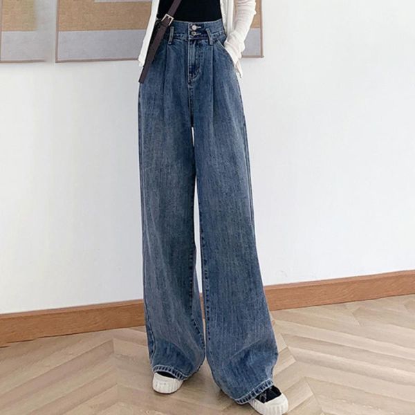 

women's jeans vintage streetwear women high waisted ins straight loose pants all-match wide leg distressed denim, Blue