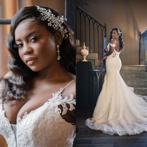 2021 Abiti da sposa taglie forti Arabo Aso Ebi Sirena africana abiti da sposa Appliques in pizzo Abiti da sposa aperti indietro