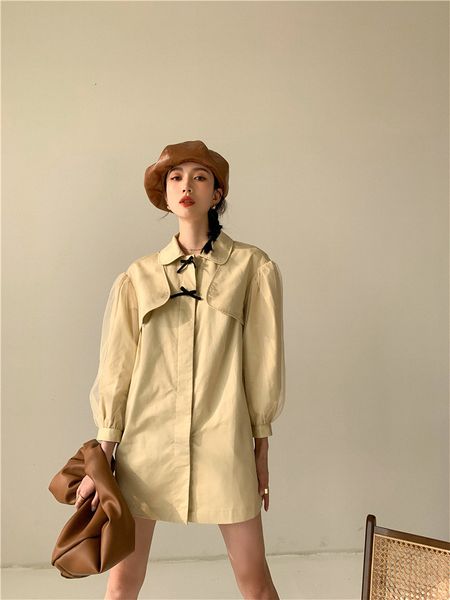 

2021 new mesh sleeve short trench coat for women bow designer collar coats and jackets khaki autumn clothing mqe2, Tan;black