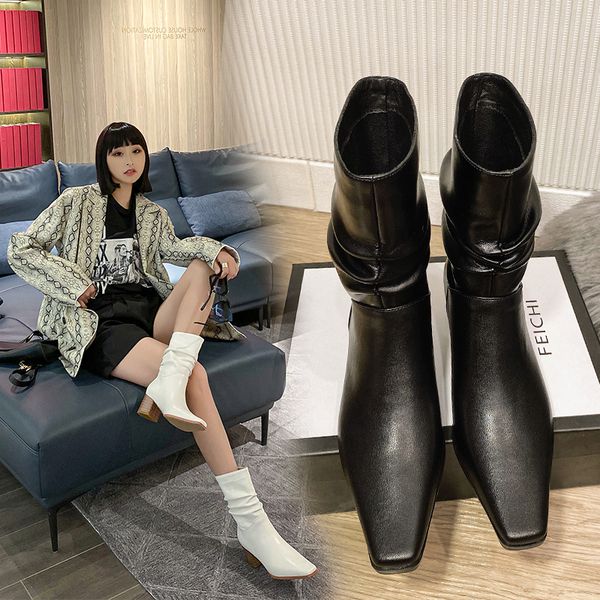 

size 34-40 2021 new ins women mid-calf high heel boots lady riding botas warm winter shoes women square toe casual footwear, Black