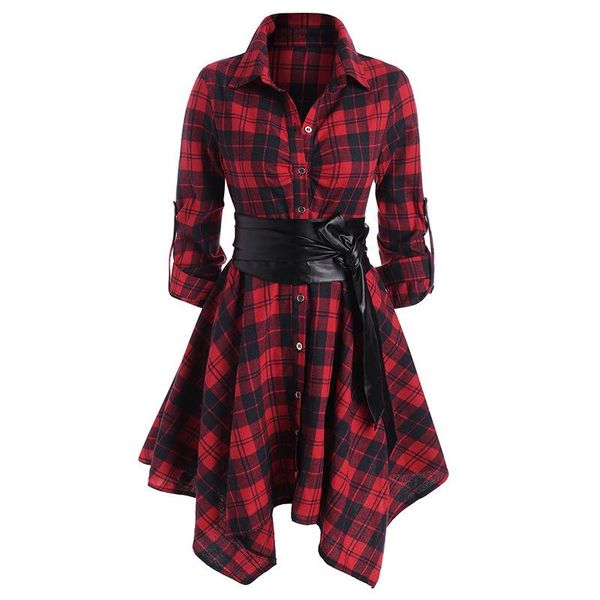 

casual dresses high street autumn 2021 plaid long sleeved vintage dress belt single breasted irregular gothic, Black;gray