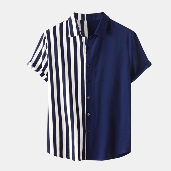 

men's casual shirts stripe printed splice summer short sleeve men clothing button turn-down collar camisas para hombre, White;black