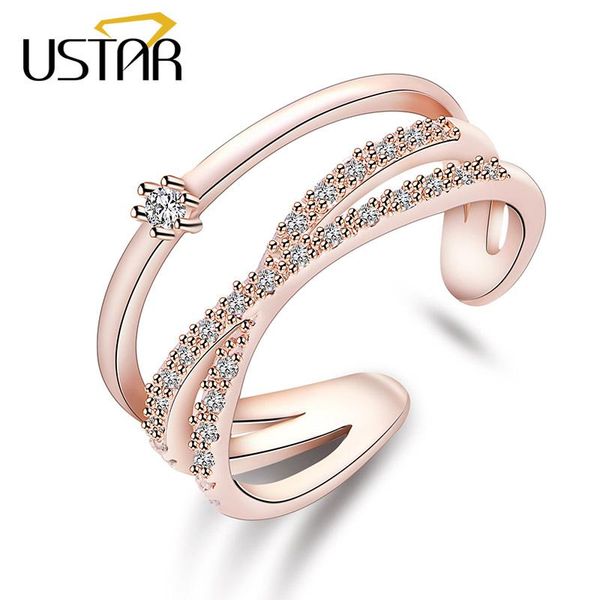 

wedding rings ustar double layer geometric for women crystals finger midi engagement jewelry opening adjustable size gifts, Slivery;golden