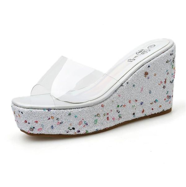 

slippers 2021 summer women 9.5cm high heels fetish white transparent sandals wedges 4cm platform sequins slipper slides beach dress shoes, Black