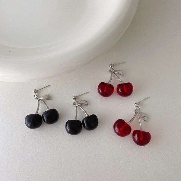 

dangle & chandelier korean japanese clear resin cherry earrings for women girl alloy arcylic black red drop holiday jewelry gifts, Silver