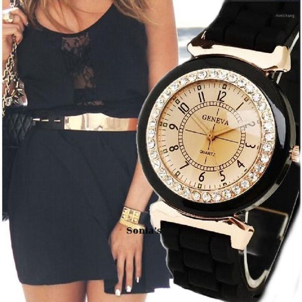 

wristwatches ambar golden geneva women silicone rhinestone crystal wristwatch silicon rubber koreananalog quartz drop, Slivery;brown