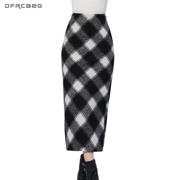 

skirts high waist plaid wool long for women 2021 winter fashion vintage woolen pencil skirt casual warm saias longa femme, Black