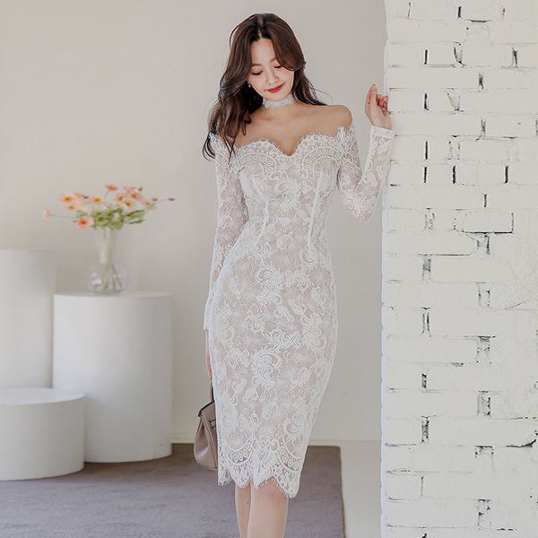 

new arrival fashion korean spring midi party women ol professional temperament one-neck strapless lace pencil dress 01yp, White;black
