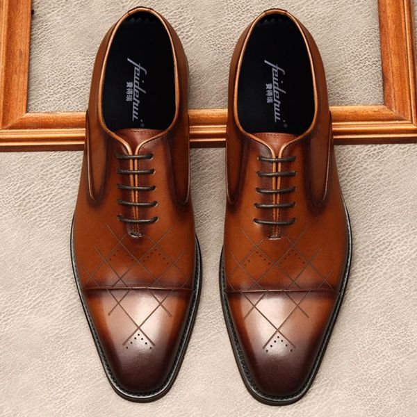 

dress shoes luxury pointed toe laces man cap brogues genuine leather formal wedding oxfords brand men's bridal party flats mde228, Black