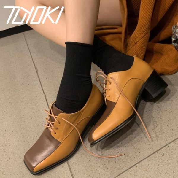 

dress shoes tuyoki design women pumps mixed color real leather thick heel fashion cool footwear size 34-40, Black