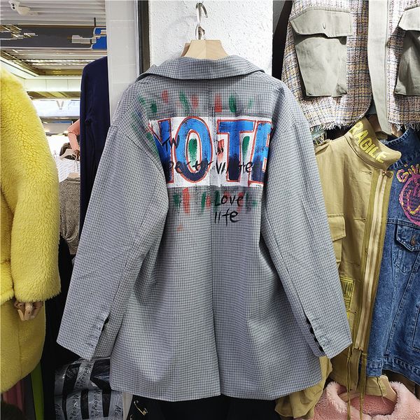 

streetwear fashion plaid women spring mid long graffiti print suit jacket big size loose casual blazer coat female kmve, White;black